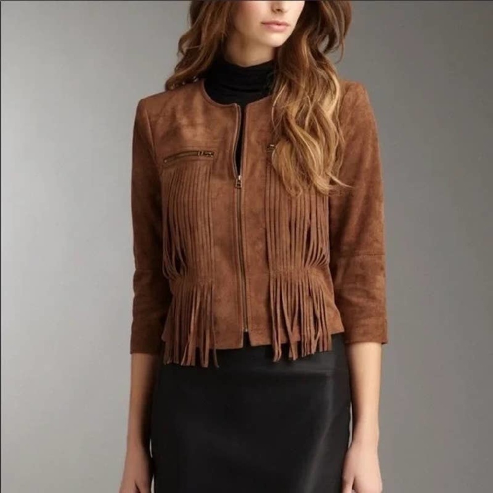 BCBGMaxAzria Toffee Reiss Faux Suede Fringe Jacket M Brown Zip up Coat Vegan